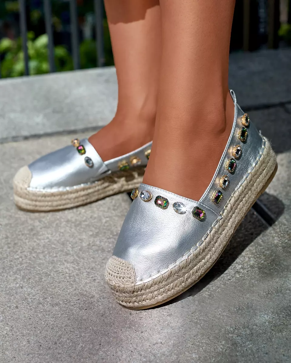 Women's silver espadrilles with crystals Ziennie - Footwear