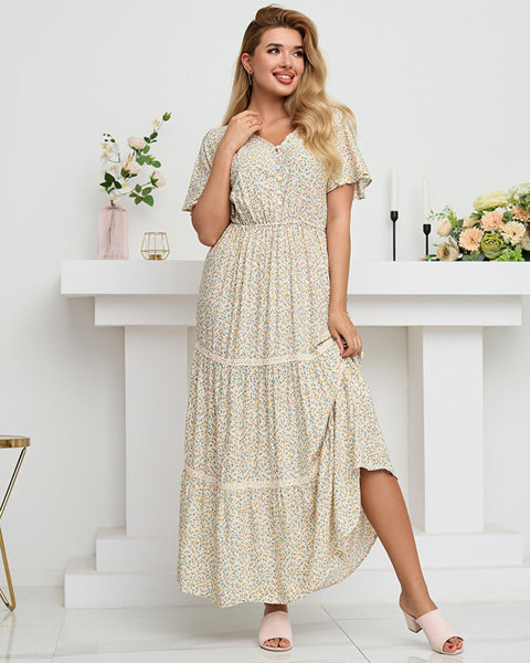 Women's white and yellow flared floral maxi dress - Clothing