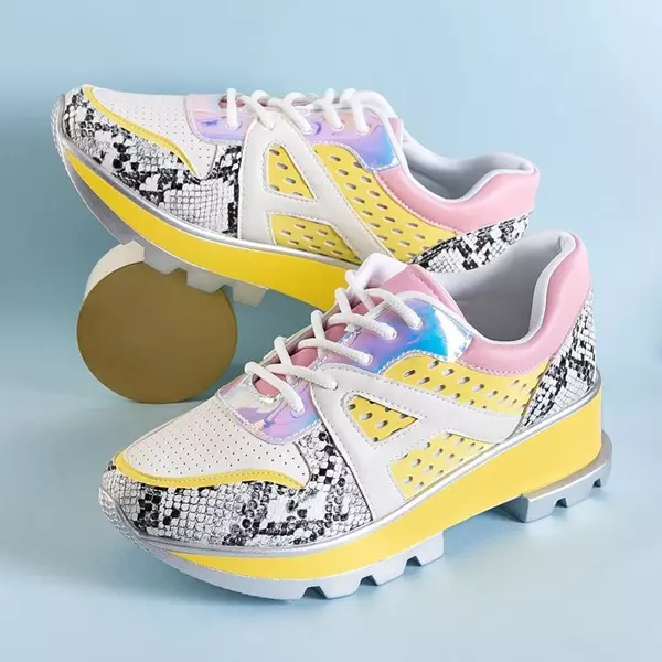 Women's white and yellow sneakers with color inserts Meia - Footwear