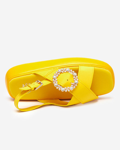 Yellow fabric women's sandals on a flat sole with cubic zirconias Senire - Footwear